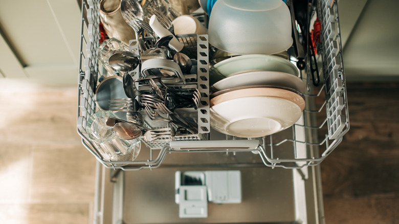 Overhead view of loaded dishwasher
