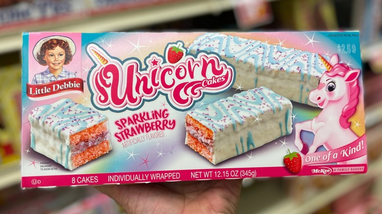 A box of Little Debbie Sparkling Strawberry Unicorn Cakes