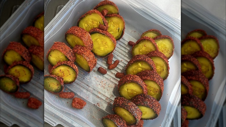 Sliced chamoy pickles in a plastic container