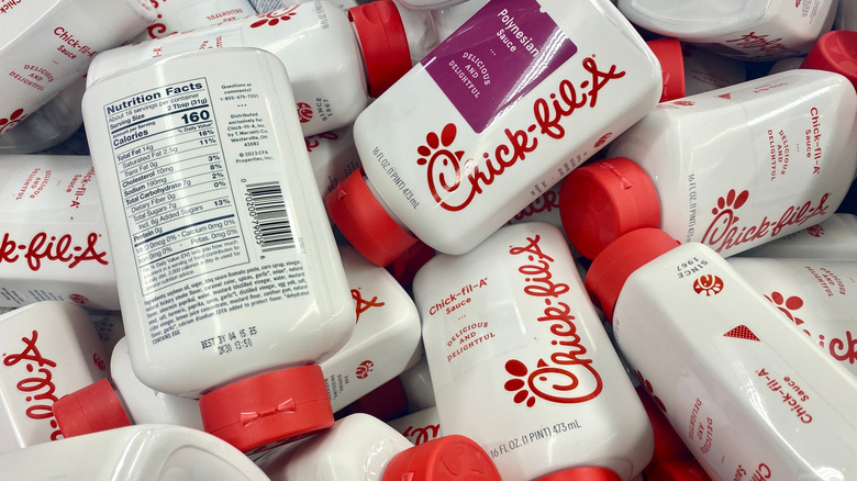 Overview of assorted Chick-fil-A sauce bottles