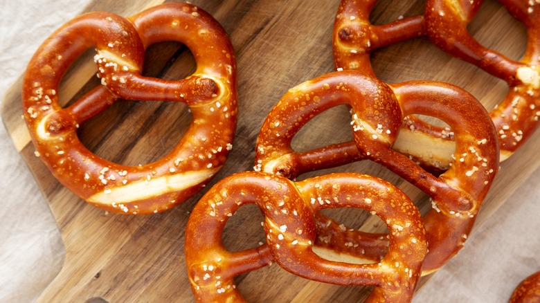 soft pretzels on cutting board