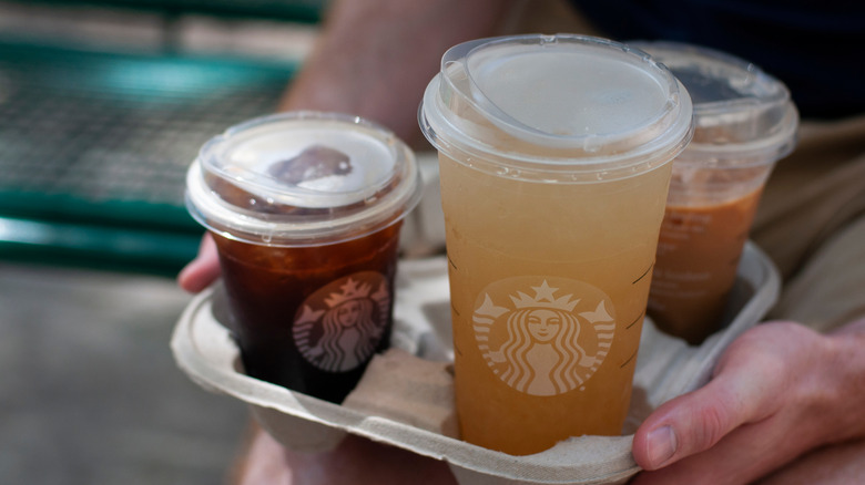 Starbucks iced drinks in a holder