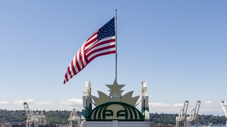 Starbucks headquarters with American flag