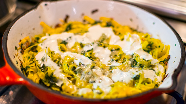 pasta in enameled cast iron skillet