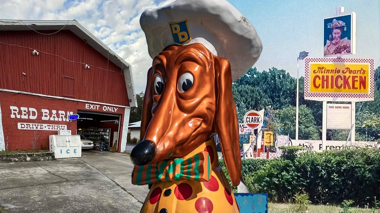 A composite image of the Doggie Diner mascot, Red Barn drive-thru, and Minnie Pearl's Chicken