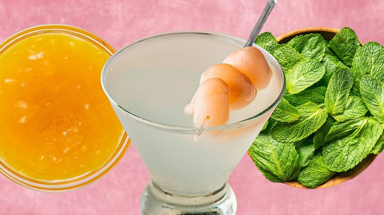 A lychee Martini with herbs and orange juice