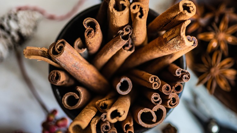 Overview of a cup of cinnamon sticks