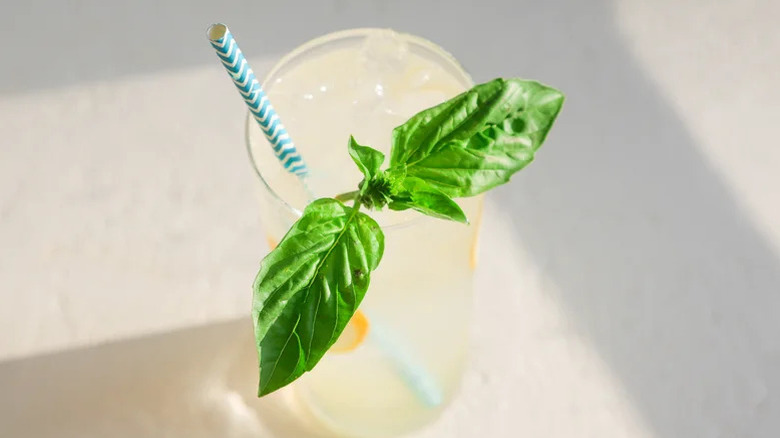 glass of basil meyer lemon vodka collins