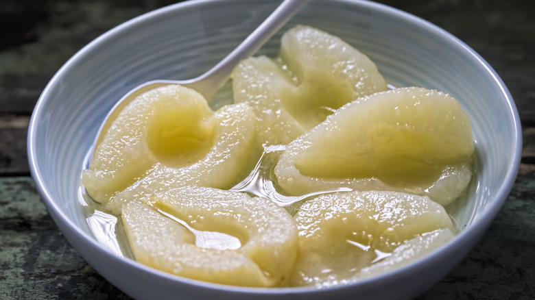 bowl canned pears syrup 