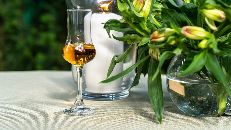 Amaretto in a glass on an outside table near plants