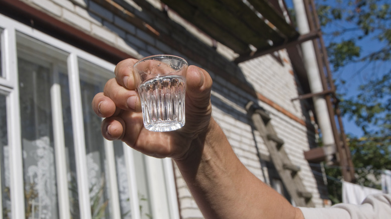 Hand holding a shot glass filled with vodka outside a house