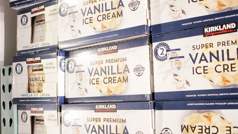 Boxes of Kirkland Signature vanilla ice cream stacked