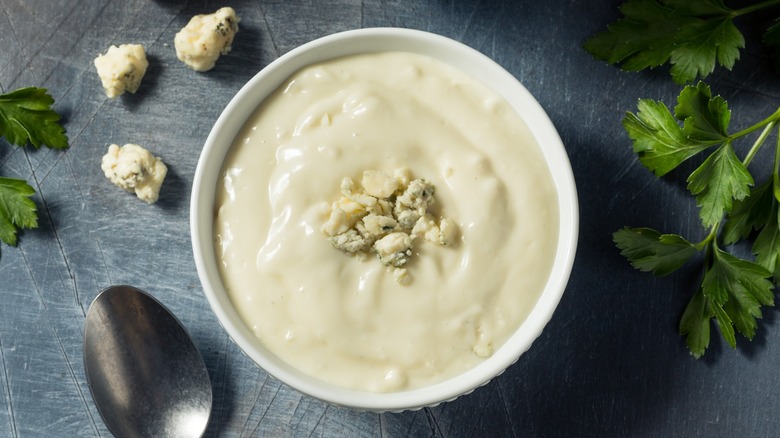 Overview of blue cheese dressing in a bowl