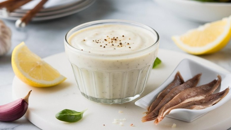 A cup of Caesar dressing with anchovies and lemons