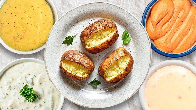 Overview of baked potatoes alongside sauces in bowls