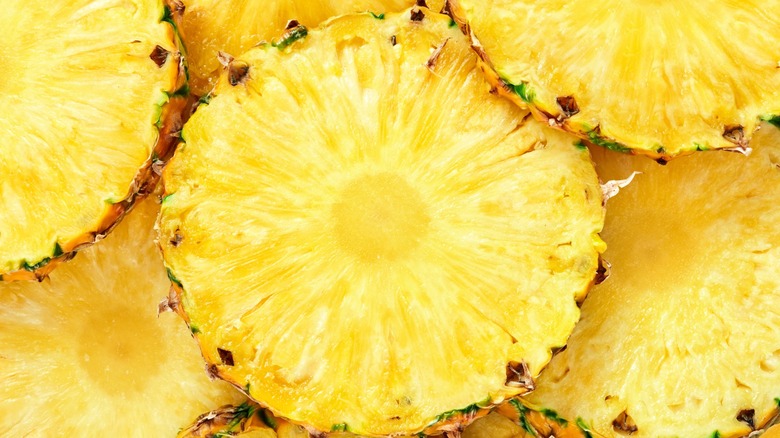 Close-up of cut pineapple circles