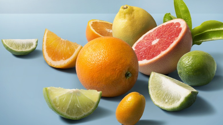 Whole and sliced oranges, lemons, limes, and grapefruits