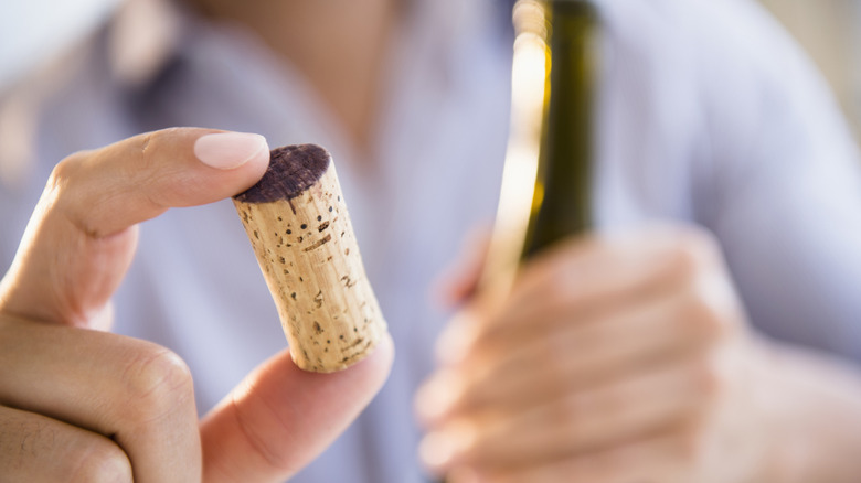 someone holding a bottle of wine and the cork