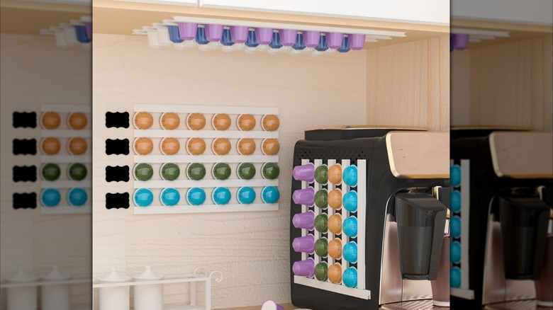 Coffee pod racks in three locations