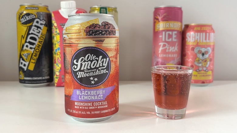 Ole Smoky Blackberry Lemonade next to shot glass of lemonade on white table