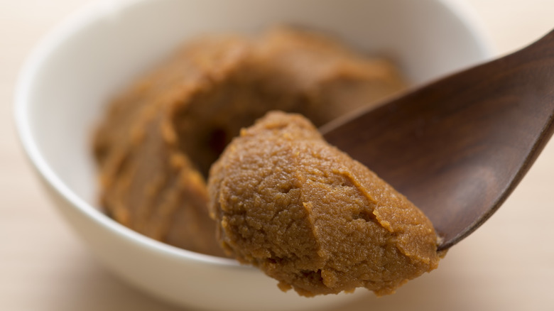 wooden spoon with miso paste