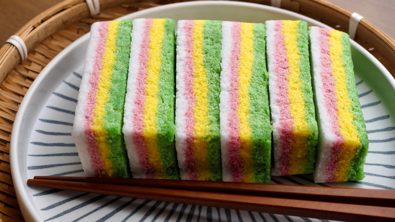 Layered rainbow mujigae-tteok