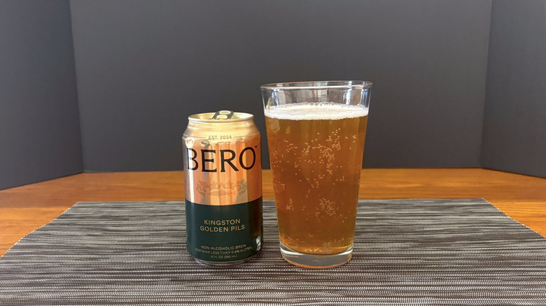 Bero Kingston golden pils in pint glass on bar mat