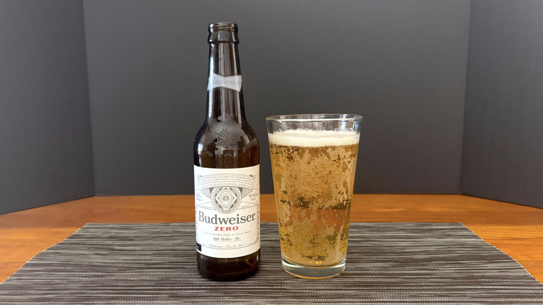 Bud zero in pint glass on bar mat