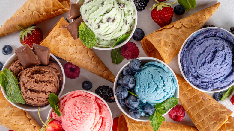 Various ice cream flavors with ice cream cones