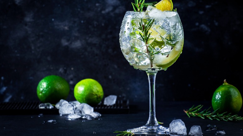 Gin and tonic on a dark background with limes