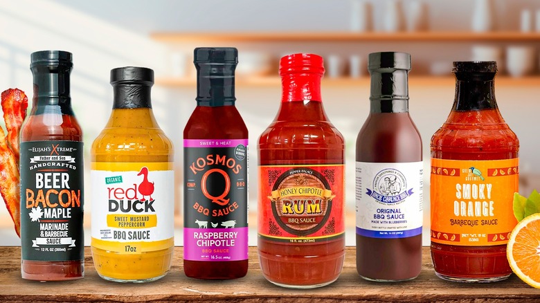 various bottles of barbecue sauce in unique flavors