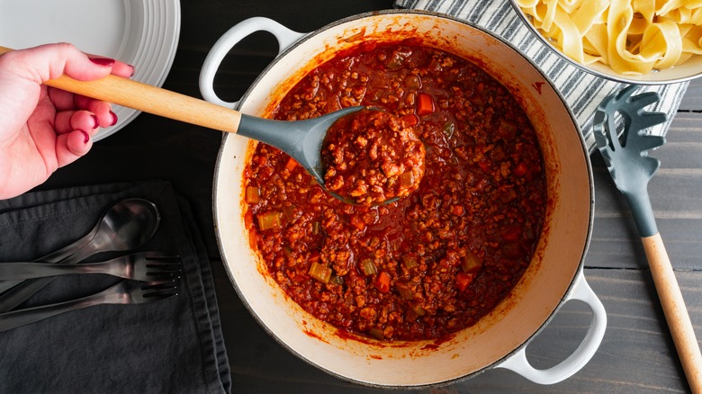 bolognese sauce in spoon