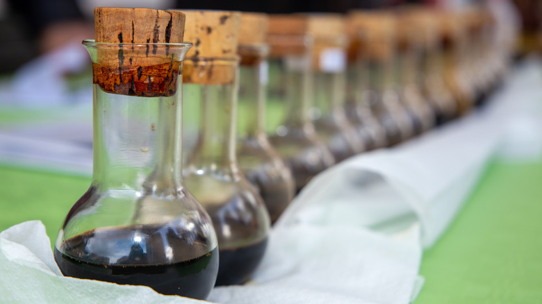 line of bottles of balsamic vinegar