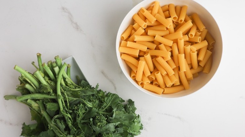 Raw pasta and broccoli rabe