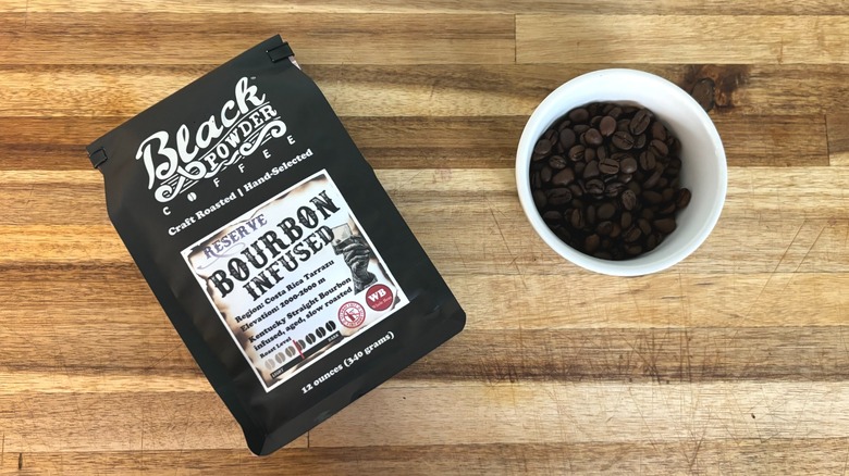 black powder bourbon infused coffee and beans