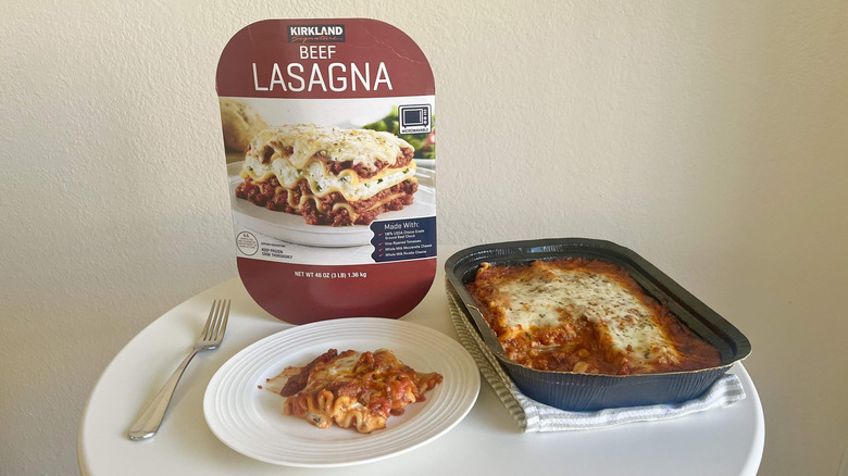 kirkland beef lasagna dish with plate