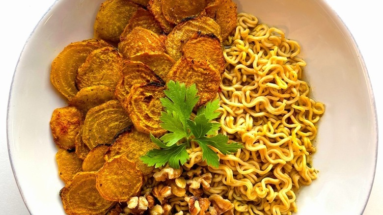 bowl of ramen with roasted golden beets