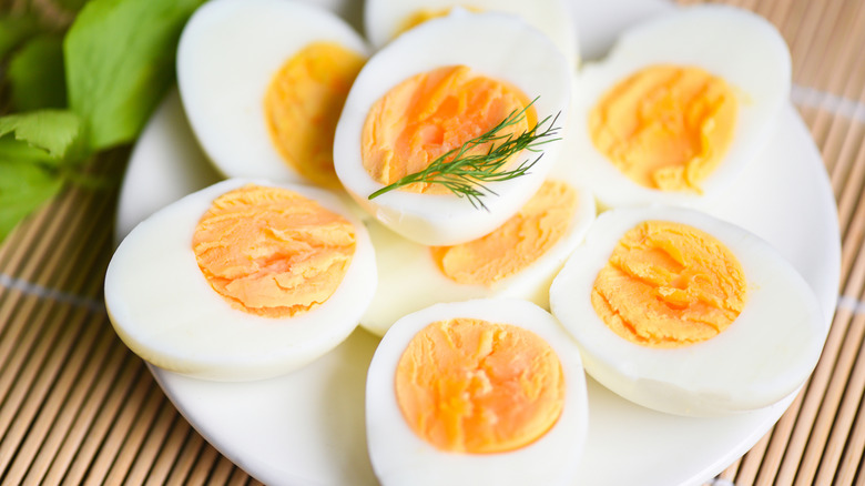 Plate of hard boiled eggs halved