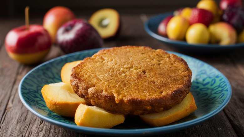 Scrapple on plate with fruit in background