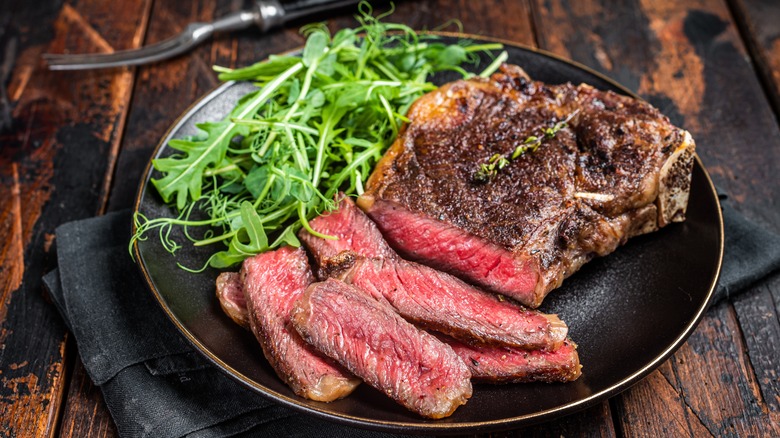 rare sliced steak on plate