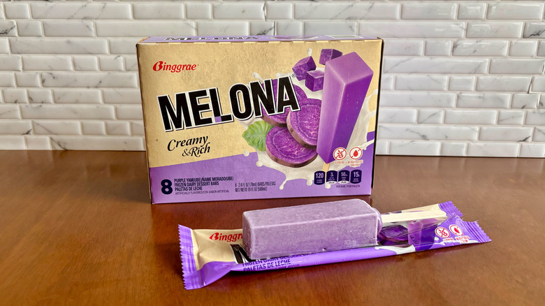 Melona ube ice cream bar box with Melona popsicle