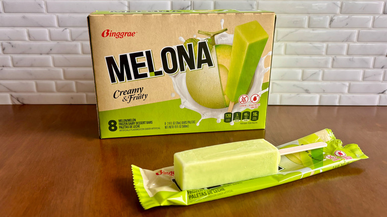 Melona honeydew melon ice cream bar box with Melona popsicle