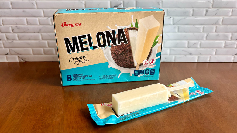 Melona coconut ice cream bar box with Melona popsicle