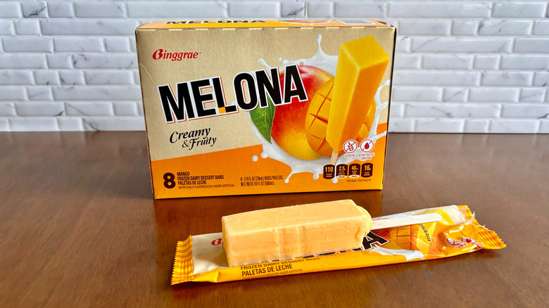 Melona mango ice cream bar box with Melona popsicle