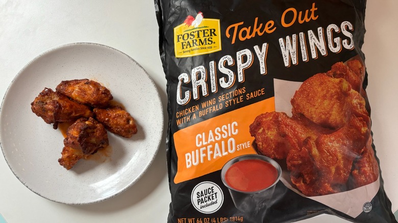 Foster Farms Buffalo crispy wings and bag on table