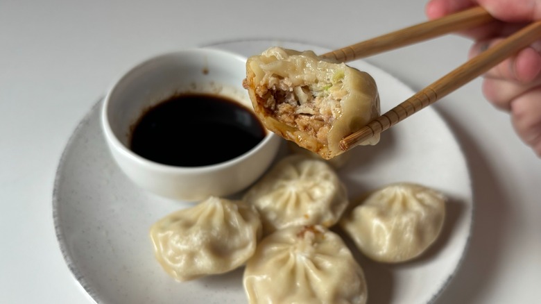 A hand holding a half-eaten dumpling with chopsticks