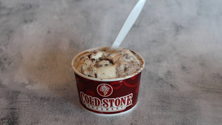 Chocolate gooey cake in a paper container from cold stone creamery