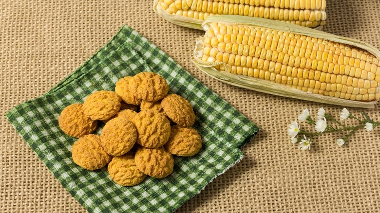 corn cookies on a gingham cloth