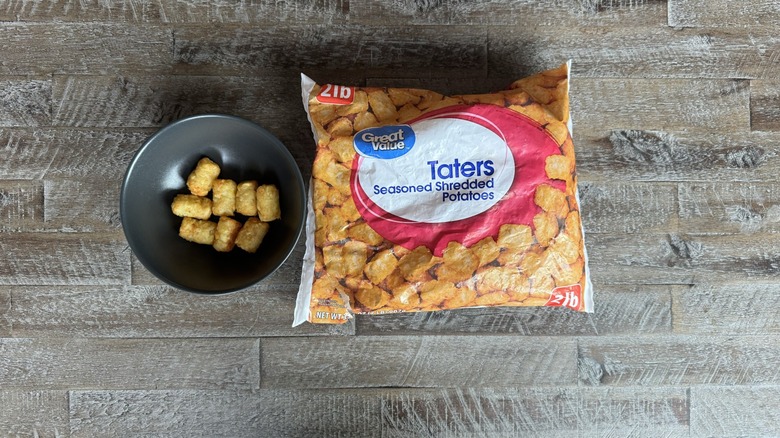 Great Value tater tot bag next to bowl of tots