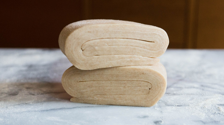 Laminated dough on counter